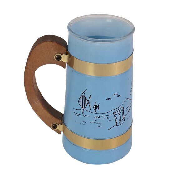 Siesta Ware Tiki Mug Blue Tropical Glass Mug Cup Wooden Handle Bar Vintage 50s - Picture 3 of 8